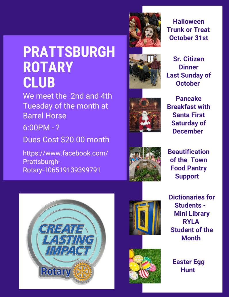 Poster-style infographic for Pittsburgh Rotary Club with a large purple info panel and a right-hand sidebar listing upcoming events with thumbnails (Halloween Trunk or Treat, Sr. Citizen Dinner, Pancake Breakfast with Santa, etc.), plus a 'Create Lasting Impact Rotary' badge image.